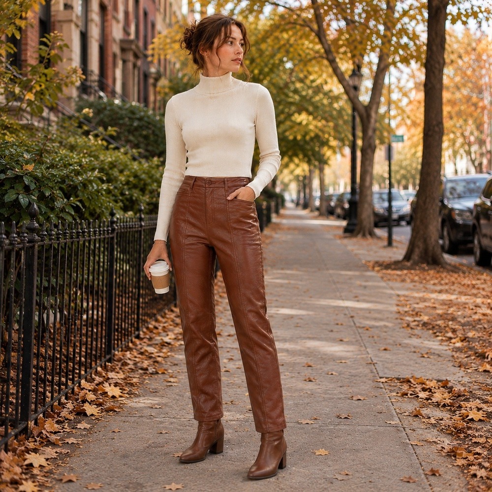 Wilfred Aritzia Faux Leather Pants Size 2 Brown Straight Leg 70s Vegan Leather